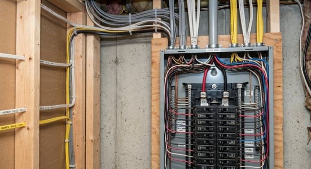Two photos showing a residential electrical panel and a room included in a rewiring request