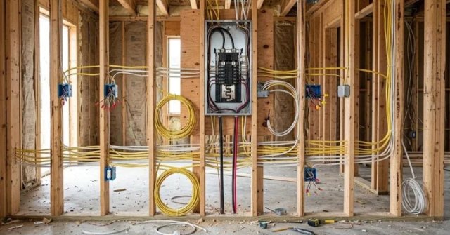 Residential construction site showing wiring pathways and electrical boxes
