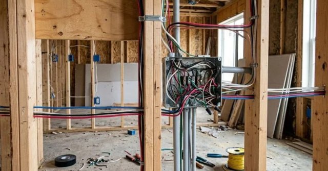 Residential construction site showing wiring pathways and electrical boxes