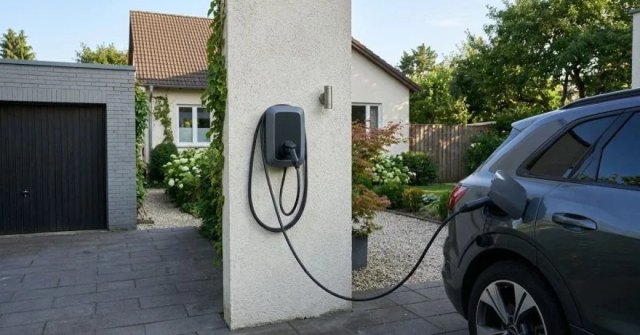 Two photos showing a residential EV charger and electrical panel for a repair estimate