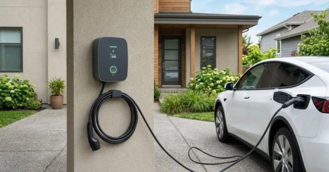 Two photos showing a residential EV charger and electrical panel for a repair estimate