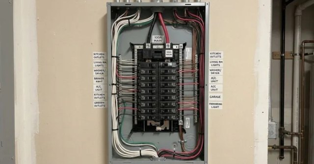 Residential electrical panel and labeled circuit breakers photographed for an estimate