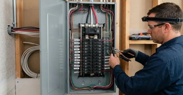 Residential electrical panel and labeled circuit breakers photographed for an estimate
