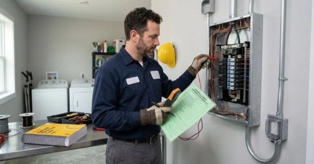 Two photos showing an electrical panel and residential wiring area for a code compliance estimate