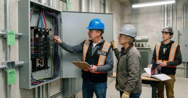 Two photos showing an electrical panel and residential wiring area for a code compliance estimate