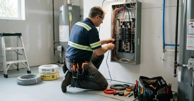 Homeowner documenting an electrical panel and wall outlet for a service estimate