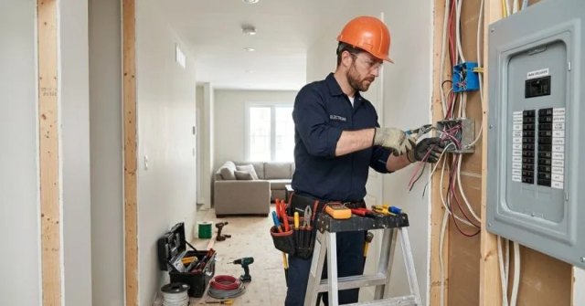Homeowner documenting an electrical panel and wall outlet for a service estimate
