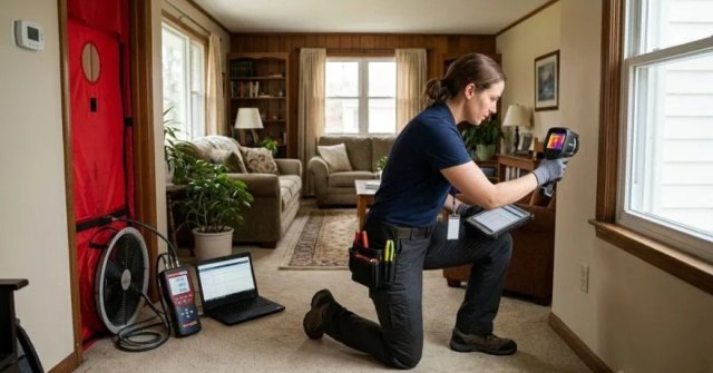 Two photos showing home energy equipment and an interior area for an energy audit estimate