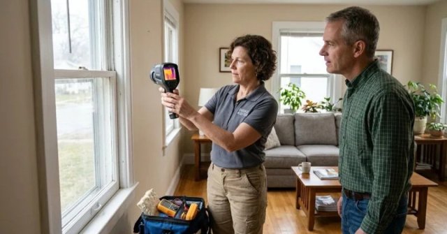 Two photos showing home energy equipment and an interior area for an energy audit estimate