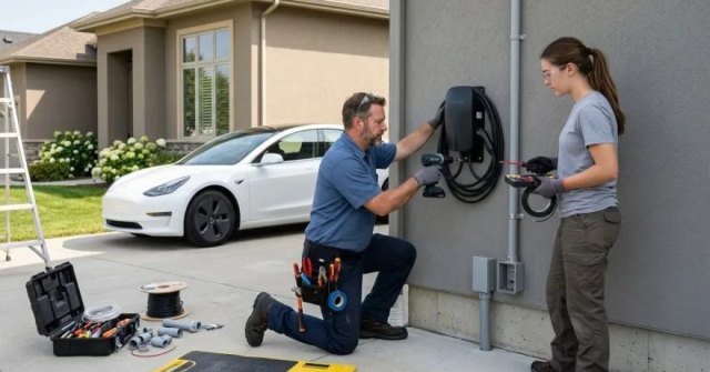 Two photos showing a home's electrical panel and proposed EV charger location