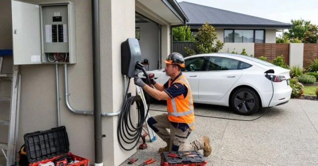 Two photos showing a home's electrical panel and proposed EV charger location