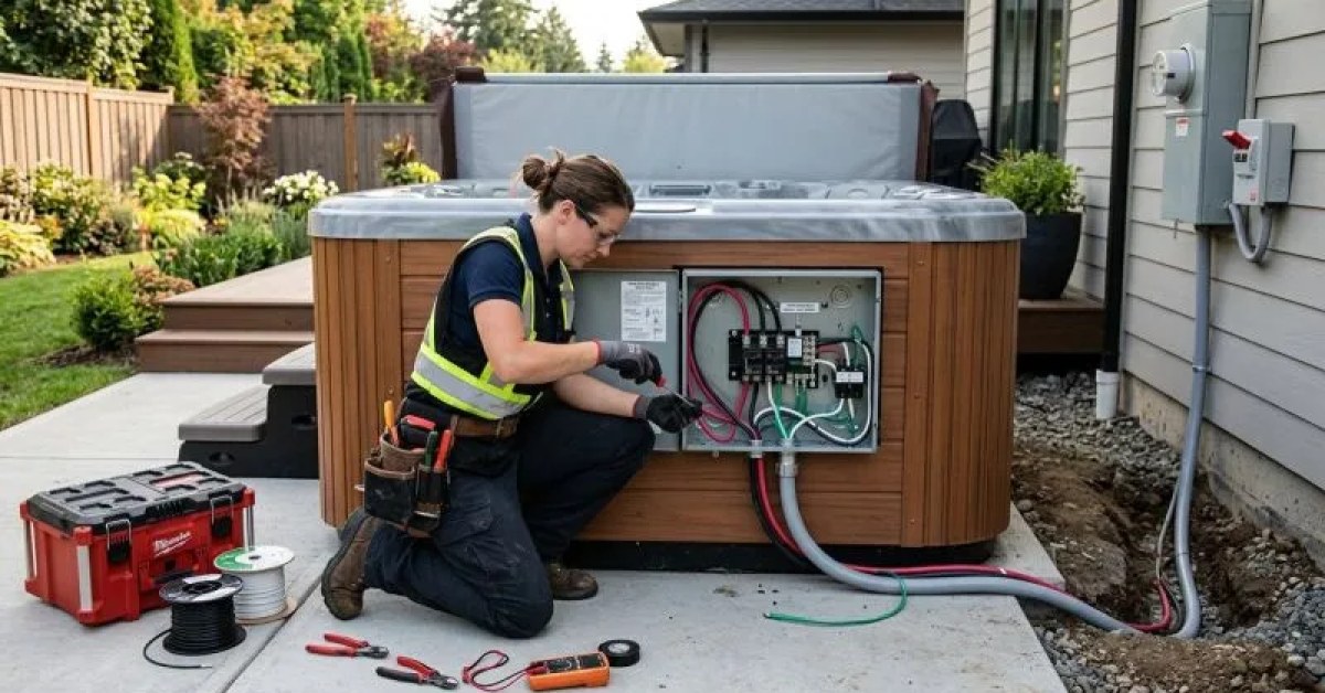 Outdoor hot tub area with electrical connection planning