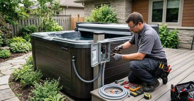 Hot tub installation area and nearby electrical panel documented for a wiring estimate