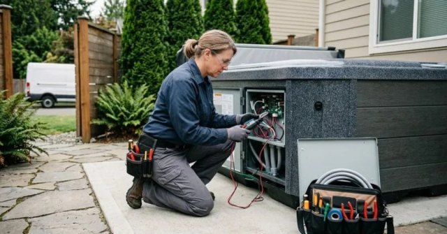 Hot tub installation area and nearby electrical panel documented for a wiring estimate