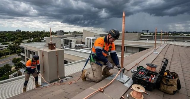 Two photos showing a home's electrical panel and exterior equipment for a lightning protection estimate