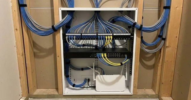 Two photos showing a home network equipment area and room connection point