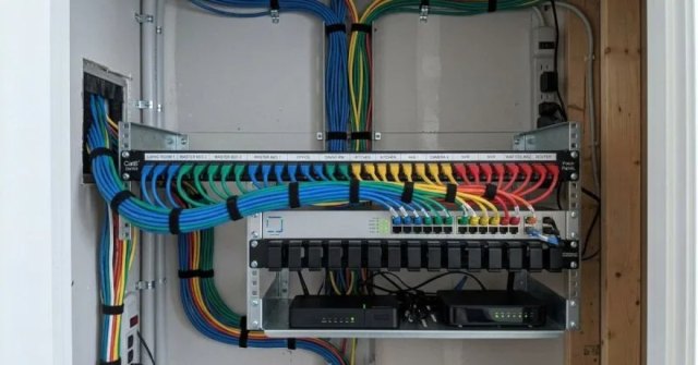 Two photos showing a home network equipment area and room connection point