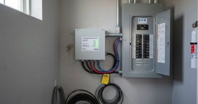 Two photos showing an electrical panel and household equipment for a surge protection installation estimate