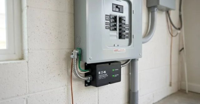 Two photos showing an electrical panel and household equipment for a surge protection installation estimate